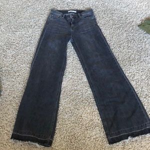 back faded wide leg jean with fraying at bottom